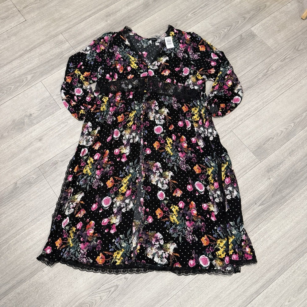 NWT Torrid Crepe Lace Trim Kimono Duster Black Floral Polka Dot Size 2